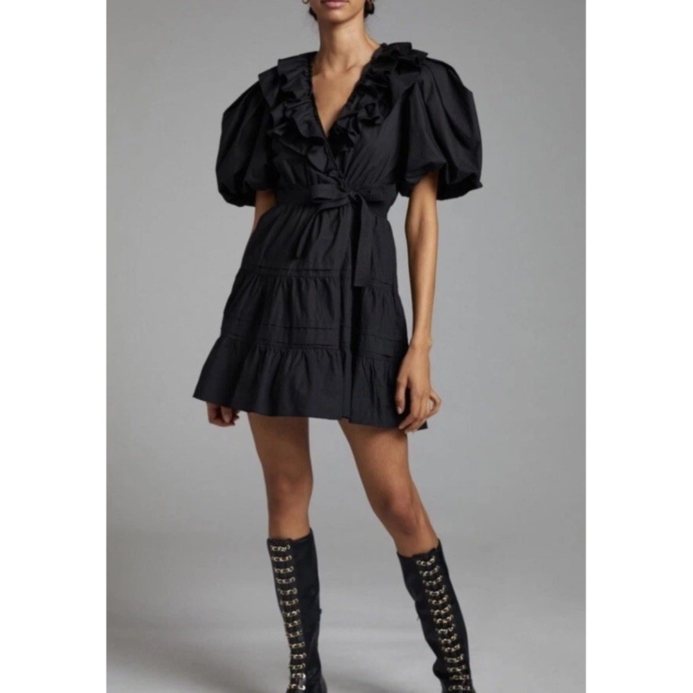Love the Label Black Puff Sleeve Minidress Remy Cotton Boho Wrap Preppy Classy S